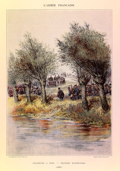 Typen en uniformen van het Franse leger van kapitein Jules Richard, geïllustreerd door Edouard Detaille: Voetjagers; de grote manoeuvres in 1885, privécollectie door Jean Baptiste Edouard Detaille