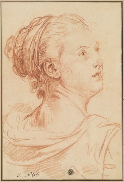 Hoofd van een vrouw die over haar schouder kijkt door Jean Baptiste Greuze