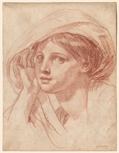 Kop van een jonge vrouw, ca. 1785 (rood krijt op wit gelegd papier) door Jean Baptiste Greuze
