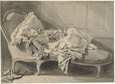 Madame Greuze op een chaise-longue met haar hondje door Jean Baptiste Greuze