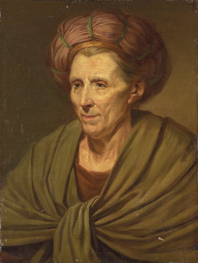 Portret van een vrouw, buste-lengte, met een bruine tulband en groene sjaal door Jean Baptiste Greuze