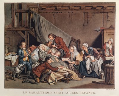 De verlamde man geholpen door zijn kinderen, gegraveerd door Alix door Jean Baptiste Greuze