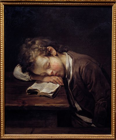De luie kleine. Portret van een jonge jongen die op zijn boek sliep door Jean Baptiste Greuze