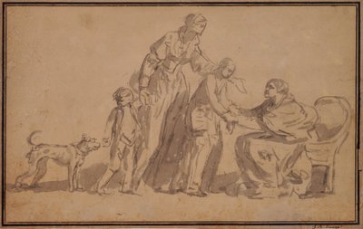 Twee kinderen en moeder verwelkomd door een oude verpleegster door Jean Baptiste Greuze