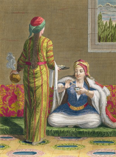 Turks Meisje, koffie drinkend op de bank, 18e eeuw door Jean Baptiste Haussard