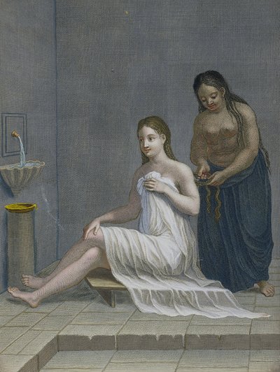 Turks meisje, haar haar wordt gevlochten in de baden, 18e eeuw door Jean Baptiste Haussard