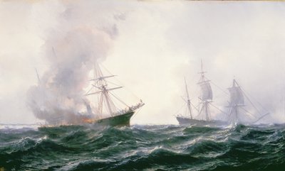 Een schip in brand op zee, met een ander schip in de buurt door Jean Baptiste Henri Durand Brager