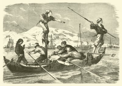 Zwaardvissen vangen voor de kust van Sicilië (gravure) door Jean Baptiste Henri Durand Brager