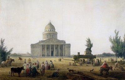 Uitzicht op het Pantheon in Parijs met een koets die een standbeeld van Jean-Jacques Rousseau draagt, ca. 1792 door Jean Baptiste Hilair