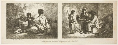 Kinderen met hond en schapen en boerenfamilie bij het vuur door Jean Baptiste Huet