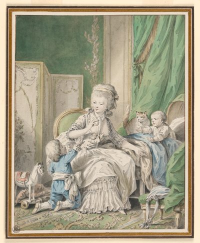 Moeder en Twee Kinderen in een Boudoir door Jean Baptiste Huet