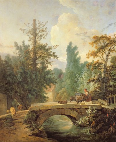 Boerin en haar ezel die een brug oversteken, 1775 door Jean Baptiste Huet