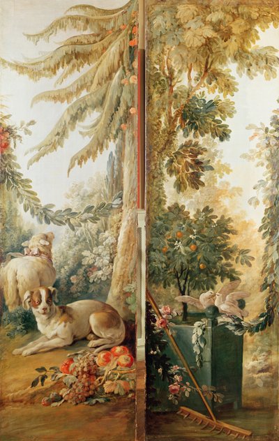 Salon van de prentmaker Gilles Demarteau, twee panelen 1. hond en schaap 2. geplante sinaasappelboom met pikkende duiven door Jean Baptiste Huet