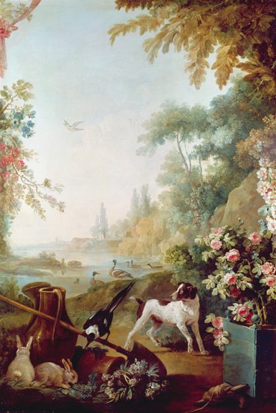 Twee konijnen, een ekster en een hond, uit de Salon van Gilles Demarteau (1722-76) door Jean Baptiste Huet