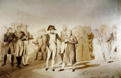 Keizer Napoleon I en keizerin Josephine de Beauharnais bezoeken de textielfabriek van Monsieur Oberkampf in Jouy op 20/06/1806 (detail) door Jean Baptiste Isabey