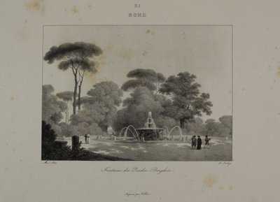 Fontein in de Tuin van de Villa Borghese, Rome door Jean Baptiste Isabey