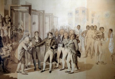 Napoleon Bonaparte, Eerste Consul, bezoekt de fluweelfabriek van de gebroeders Sevene in Rouen, november 1802 door Jean Baptiste Isabey
