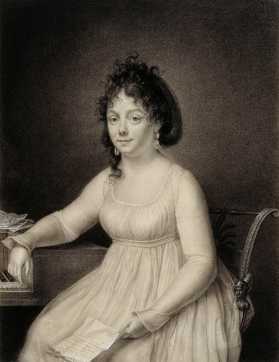 Een Zittende Dame, Driekwart Lengte, Vermoedelijk een Lid van de Familie van de Kunstenaar met een Brief in haar Linkerhand en haar Rechterarm Rustend op de Zijkant van een Piano door Jean Baptiste Jacques Augustin