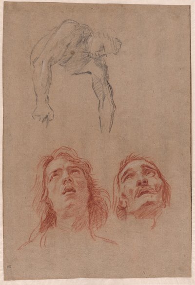 Man die Naar Beneden Reikt en Twee Studies van Hoofden door Jean Baptiste Jouvenet