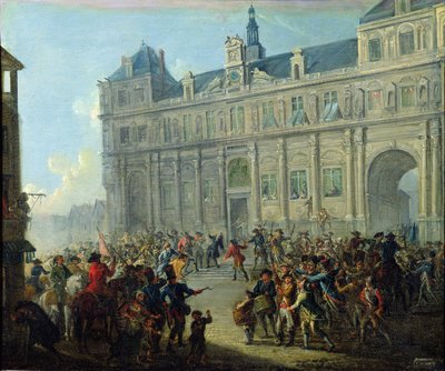 De Moord op Jacques de Flesselles op de Trappen van het Stadhuis 14 juli 1789 door Jean Baptiste Lallemand
