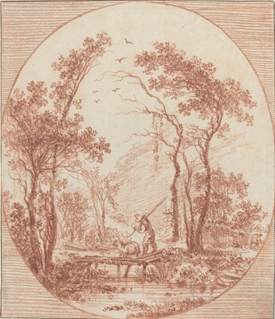 Een boer en een schaap steken een rustieke brug over door Jean Baptiste Le Prince