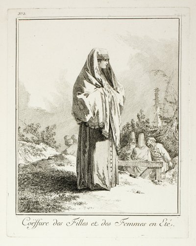 Hoofdtooi voor meisjes en vrouwen in de zomer, plaat drie uit Diverse Kledij van de Volkeren van het Noorden door Jean Baptiste Le Prince