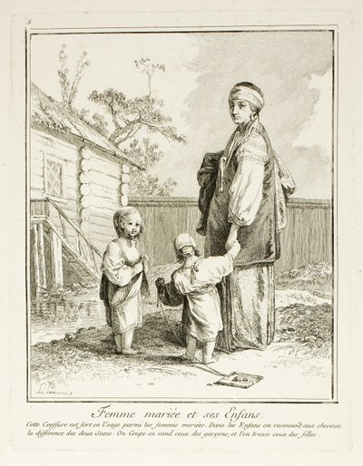 Getrouwde vrouw en haar kinderen, plaat vijf uit Divers Habillements des Peuples du Nord door Jean Baptiste Le Prince
