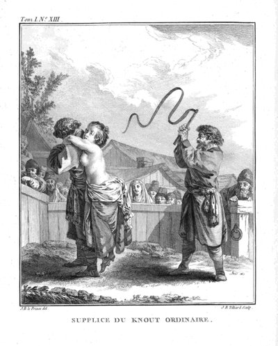 Straf van Natalia Fyodorovna Lopukhina met een gewone knoet. Uit Voyage en Sibérie, 1766 door Jean Baptiste Le Prince