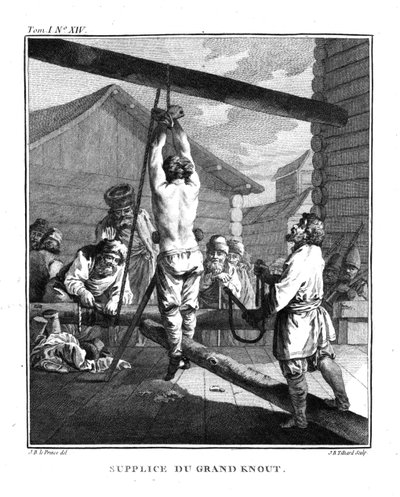 Straf met een grote knoet. Uit Voyage en Sibérie door Jean Baptiste Le Prince