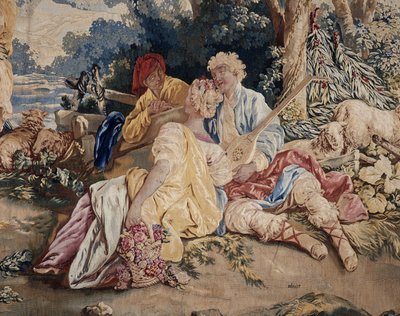 Dans, gordijn van Russische spelen, detail van de luitspeler aan de rechterkant door Jean Baptiste Leprince