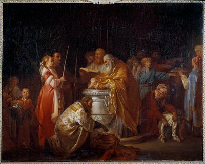 Russische doop Een orthodoxe priester doopt een kind in aanwezigheid van zijn ouders. Schilderij door Jean Baptiste Leprince (1733-1781) 1765 door Jean Baptiste Leprince