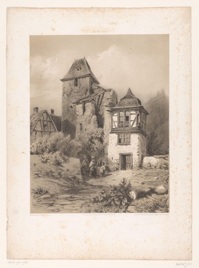 Bergdorp met groep figuren door Jean Baptiste Louis Hubert