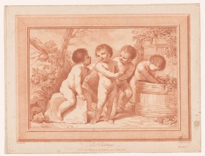 Vier putti bij een wijnton door Jean Baptiste Lucien