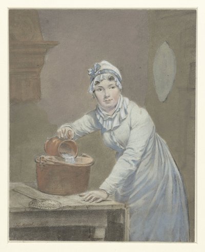 Dienstmeisje giet melk in een pan door Jean Baptiste Mallet (possibly)