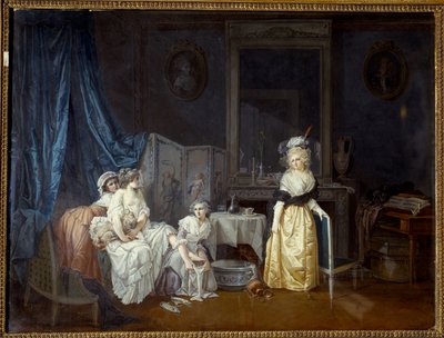 Het toilet Een jonge vrouw met de hulp van haar dienstmeisjes staat op het punt een bad te nemen. Schilderij door Jean Baptiste Mallet door Jean Baptiste Mallet