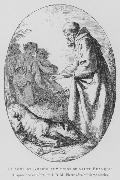 De Wolf van Gubbio aan de voeten van St. Franciscus van Assisi (litho) door Jean Baptiste Marie (after) Pierre