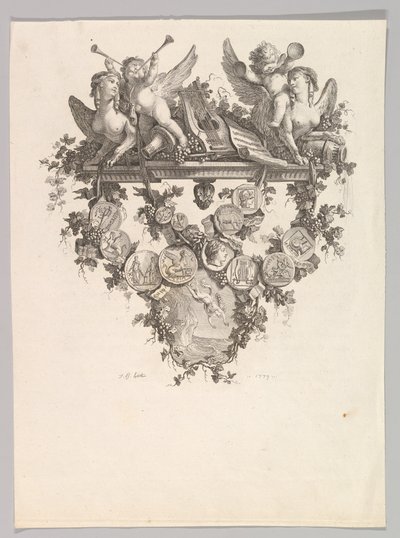 Vignet met sfinxen en putti door Jean Baptiste Marie Huet