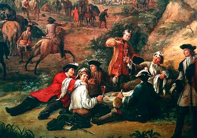 Groep soldaten die drinken, detail van Uitzicht op het hoofdkwartier van de Prins van Conti tussen San Sebastian en Hondarribia, juni 1719 (detail) door Jean Baptiste Martin