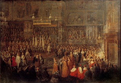 Kroning van Lodewijk XV (1710-1774) in de Kathedraal van Reims op 25/10/1722 door Jean Baptiste Martin