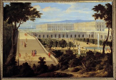 Uitzicht op de Orangerie, de trappen van de Cent-Marches en het kasteel van Versailles circa 1695 door Jean Baptiste Martin