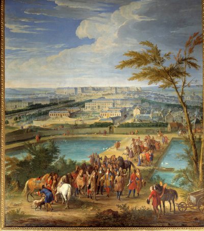 Uitzicht op de stad en het kasteel van Versailles vanaf de heuvel van Montbauron, Lodewijk XIV en François Michel le Tellier, markies de Louvois bezoeken de nieuwe reservoirs door Jean Baptiste Martin