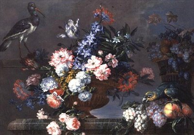 Een Stilleven van Fruit en Bloemen met Vogels door Jean Baptiste Monnoyer