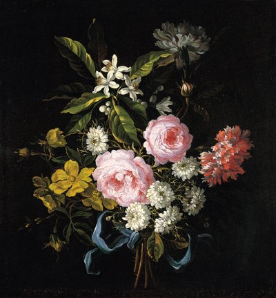 Boeket van kamille, rozen, oranjebloesem en anjers gebonden met een blauw lint door Jean Baptiste Monnoyer