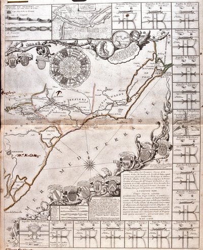 Kaart van het Canal du Midi, met zijn aquaducten door Jean Baptiste Nolin