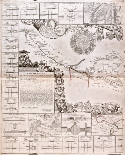Kaart van het Canal du Midi, met zijn aquaducten door Jean Baptiste Nolin