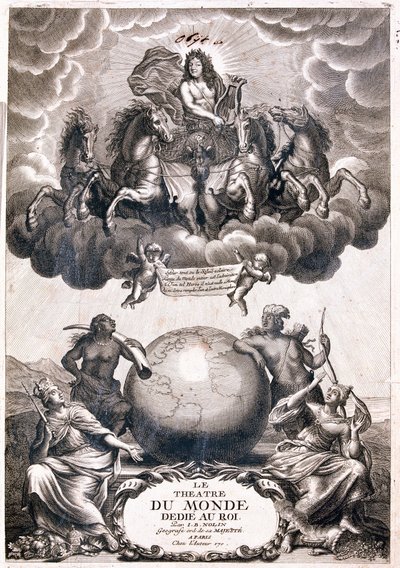 Portret van Lodewijk XIV, vliegend over een aardbol, titelpagina door Jean Baptiste Nolin