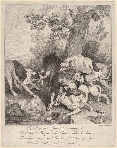 Een wolf aangevallen door honden door Jean Baptiste Oudry