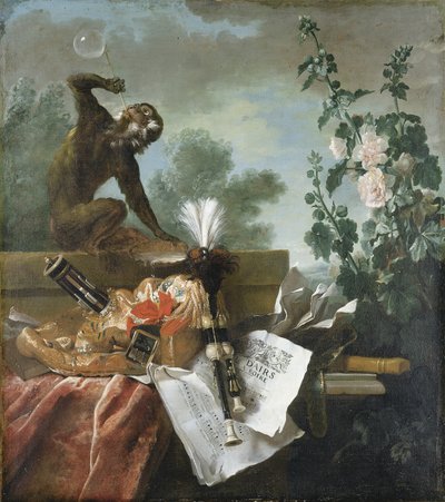 Een allegorie van lucht: een muzikaal stilleven met een aap die bellen blaast, een musette, een fluit en muzikale partituren door Jean Baptiste Oudry