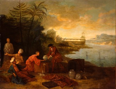 Azië - Een Europese Koopman die Porselein Koopt van een Chinese Handelaar, 1724 door Jean Baptiste Oudry