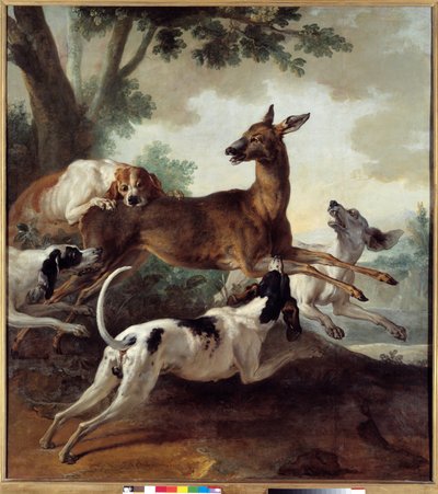 Hert achtervolgd door honden. Jachtscène. Schilderij door Jean Baptiste Oudry (1686-1755) door Jean Baptiste Oudry